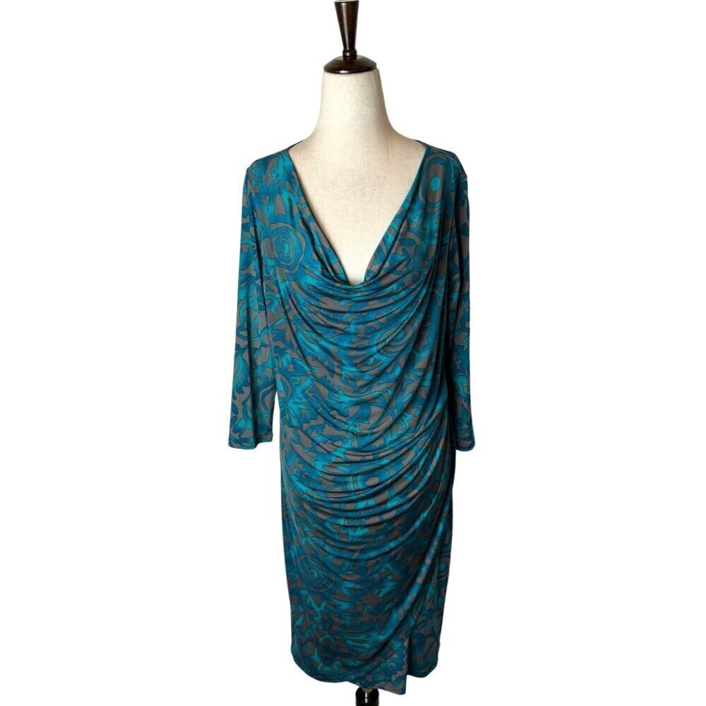 Clara Sun‎ Woo Dress Women Medium Teal Jersey Knit Faux Wrap Draped Sheath